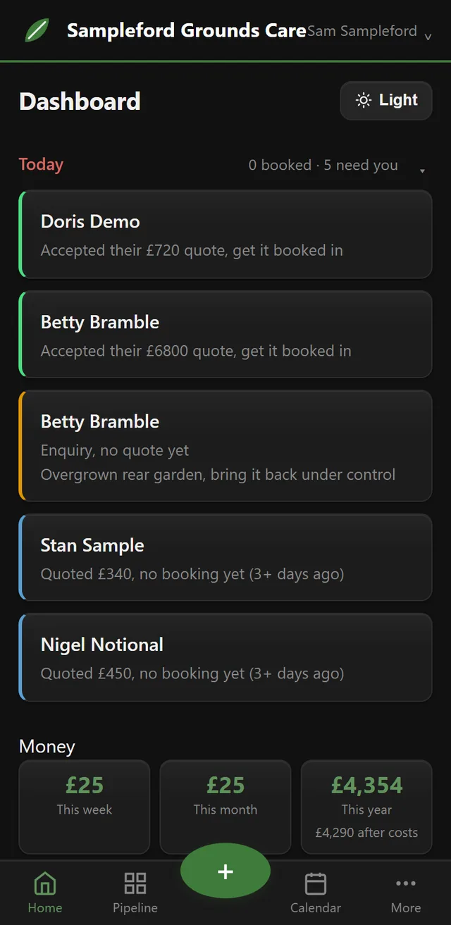 The Graftday dashboard on a phone: today's jobs, money owed, and the week's takings